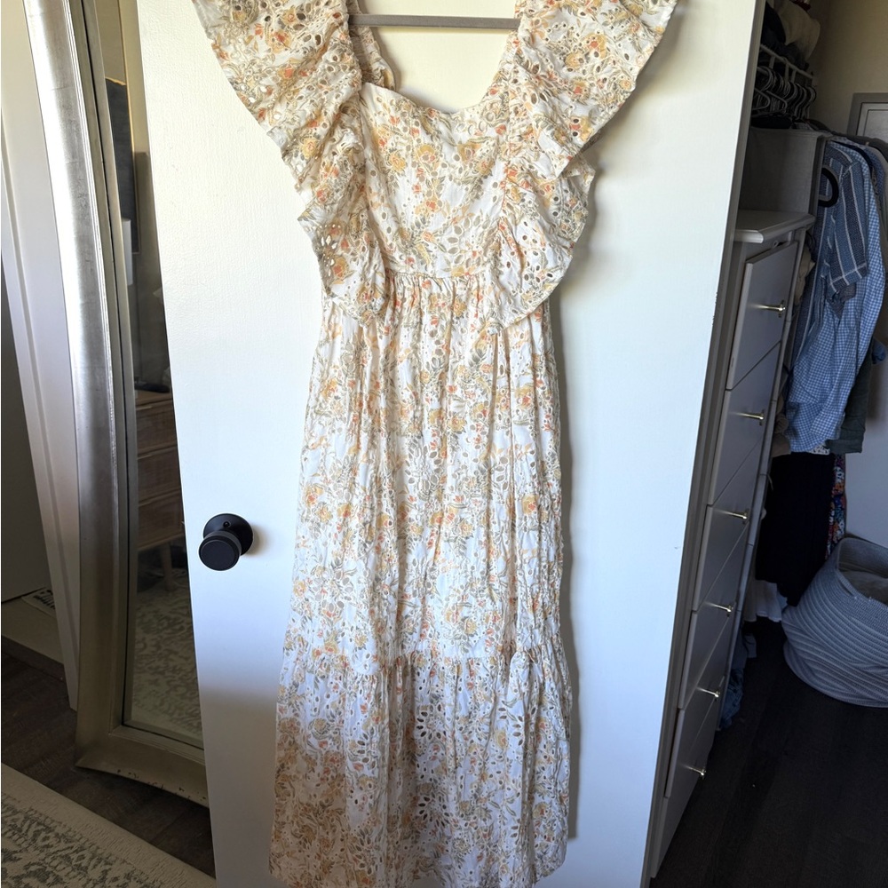En Saison Tan and Cream Off the Shoulder Maxi Dress